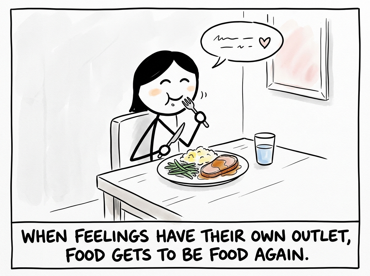 The stick figure eating a meal the next day with genuine enjoyment, food being just food again, the feeling from last night having passed on its own