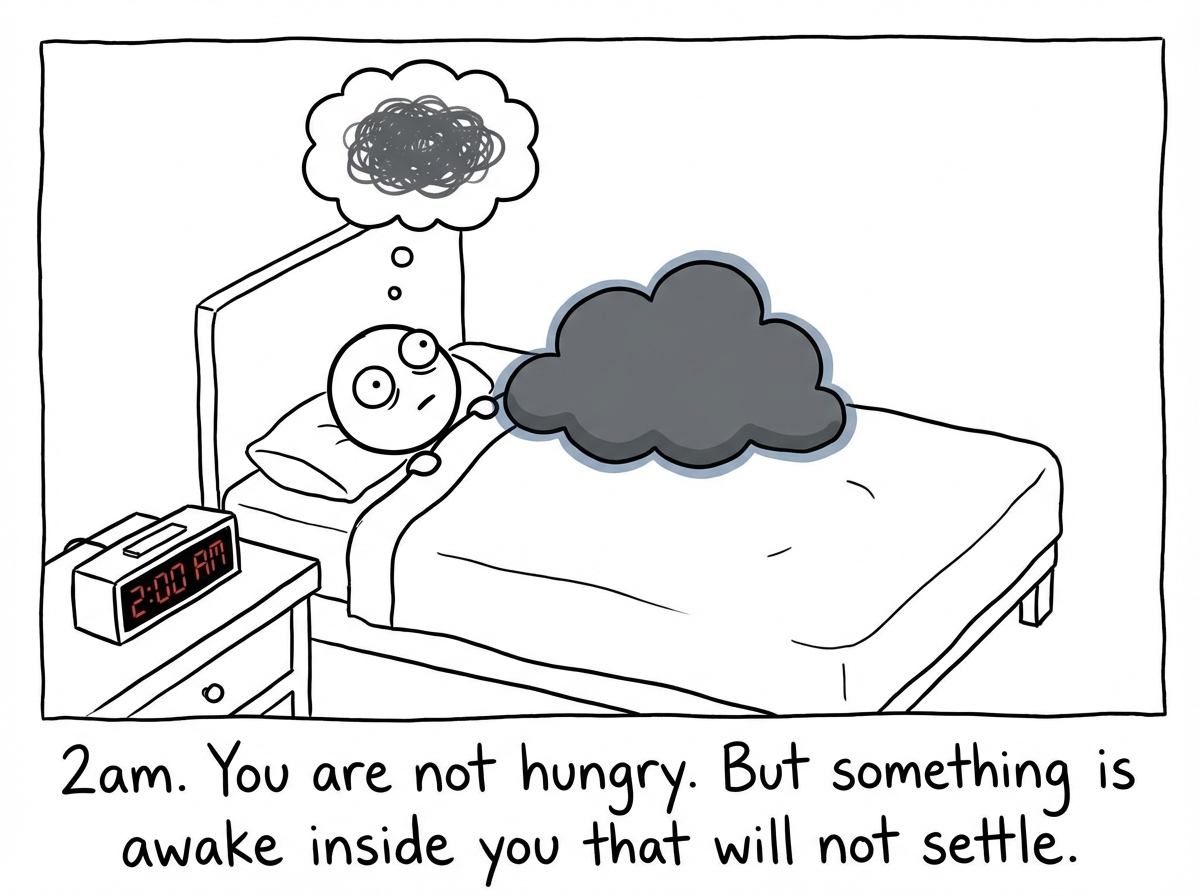 A stick figure lying awake in bed at 2am, a thought bubble showing not a specific thought but a vague, heavy cloud of unnamed discomfort sitting on their chest