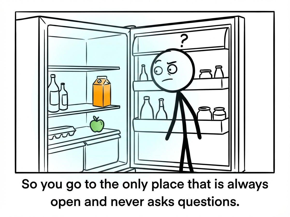 The stick figure standing in front of the open fridge, bathed in its cold light, scanning the shelves with an expression that is searching for something specific but cannot name it