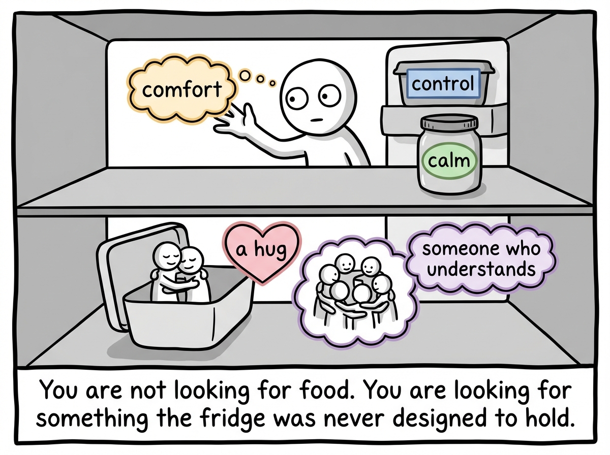 Close-up of the fridge shelves, but instead of food labels, the items are labeled 'comfort,' 'control,' 'calm,' 'someone who understands,' and 'a hug' -- none of which are things a fridge can actually provide