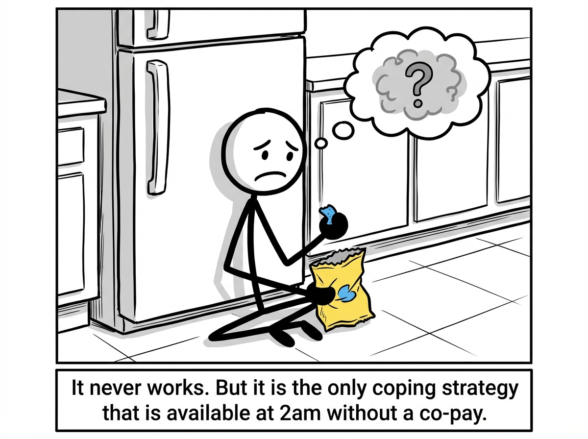 The stick figure sitting on the kitchen floor with the fridge door closed, holding a snack but looking unsatisfied, with the unnamed feeling still present -- unchanged by the eating