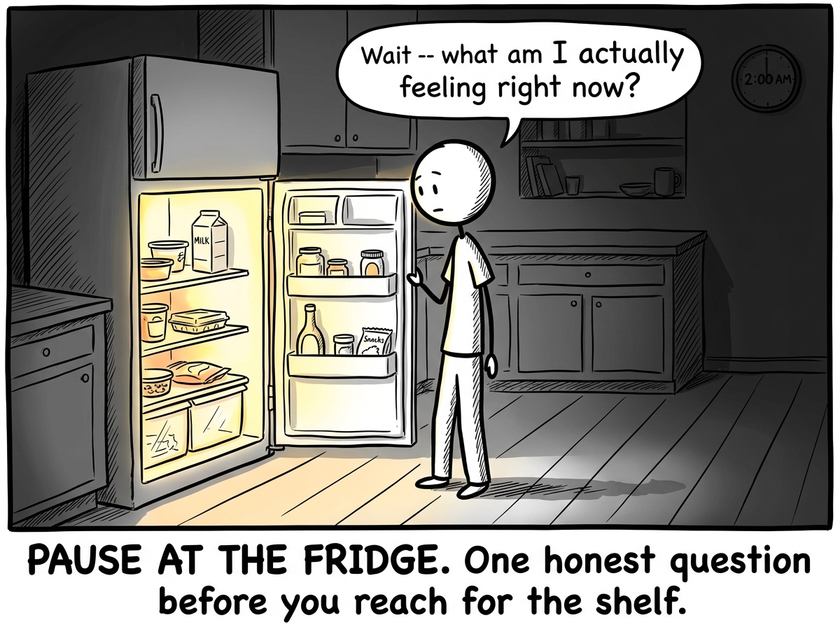 A stick figure standing in front of the open fridge at 2am, hand on the door, pausing to ask 'Wait -- what am I actually feeling right now?'