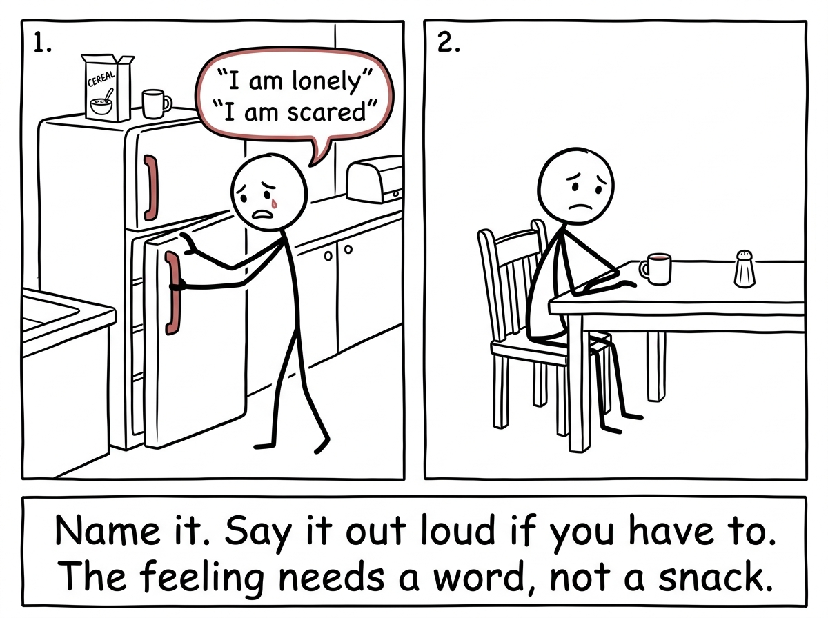 The stick figure closing the fridge and sitting at the kitchen table, naming the feeling out loud: 'I am lonely' or 'I am scared'
