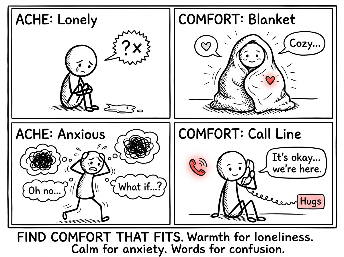 The stick figure wrapping themselves in a blanket, calling a warmth line, or writing in a journal -- choosing comfort that matches the actual ache