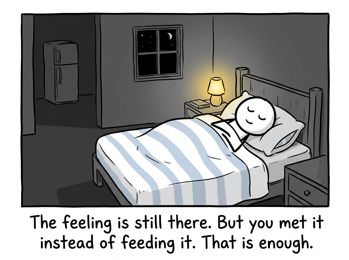 The stick figure back in bed, the feeling still present but softer, the fridge untouched, a quiet sense of having taken care of themselves differently