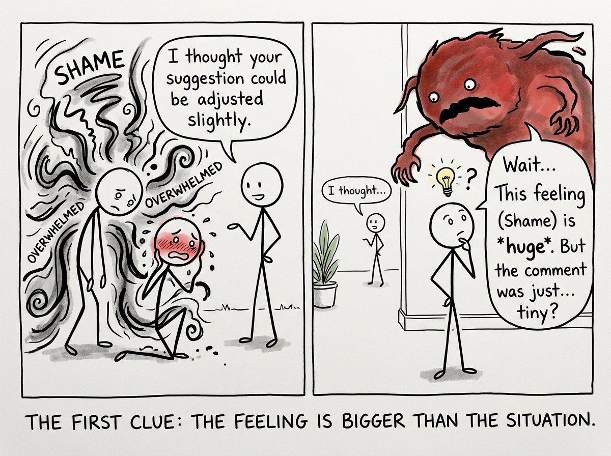 A stick figure flooded with shame after a mild comment, pausing to notice the intensity feels too big for the moment