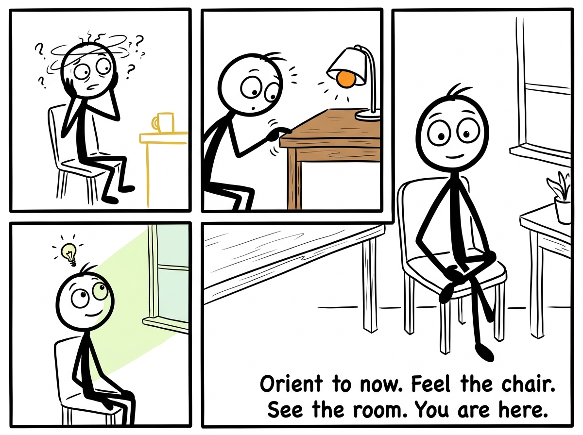 The stick figure looking around the room, touching the desk, noticing the light, slowly reconnecting with the present moment