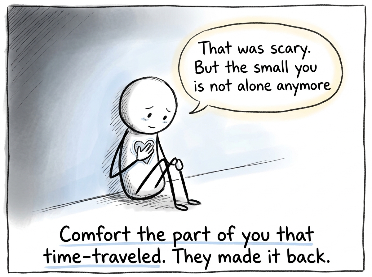 The stick figure sitting with a hand over their heart, speaking gently inward: 'That was scary. But the small you is not alone anymore'