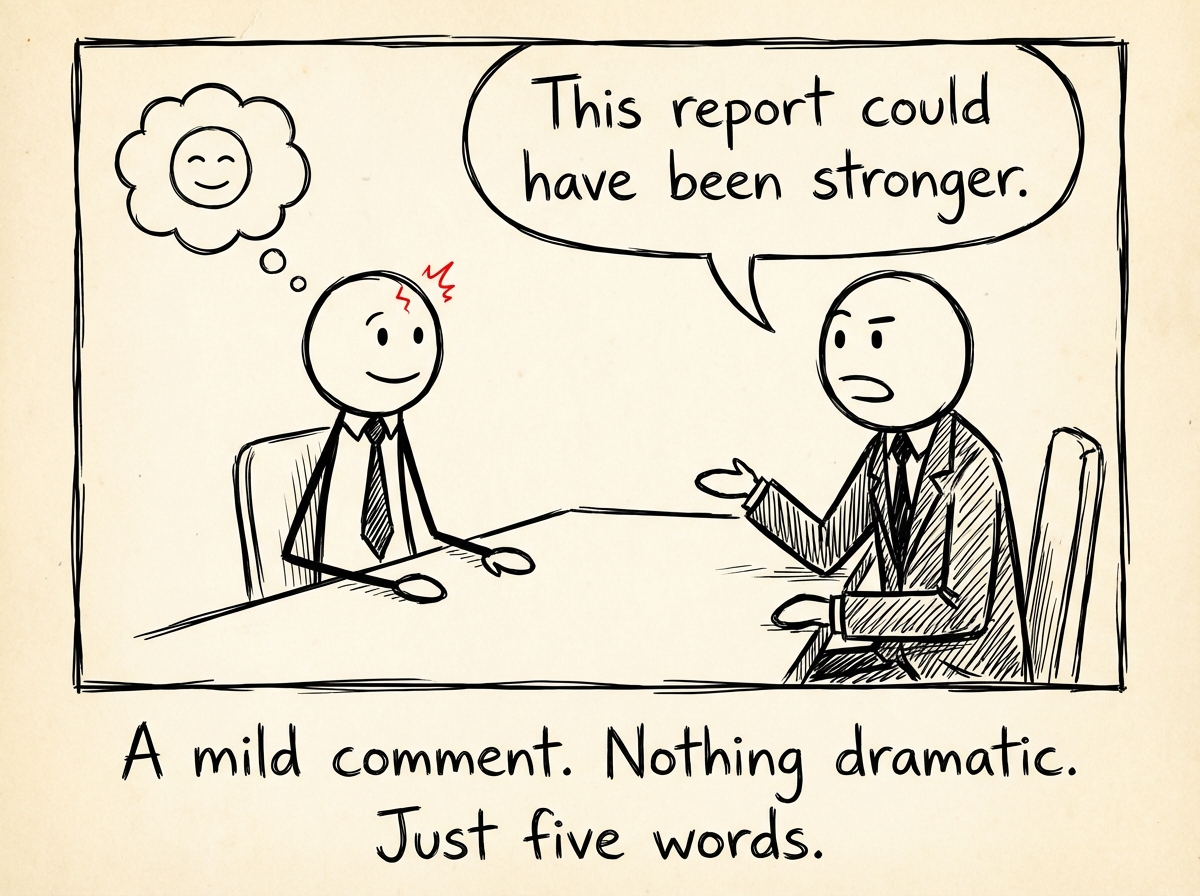 A stick figure sitting in a work meeting, looking calm and professional. Their manager says 'This report could have been stronger.' A small crack appears in the stick figure's composure