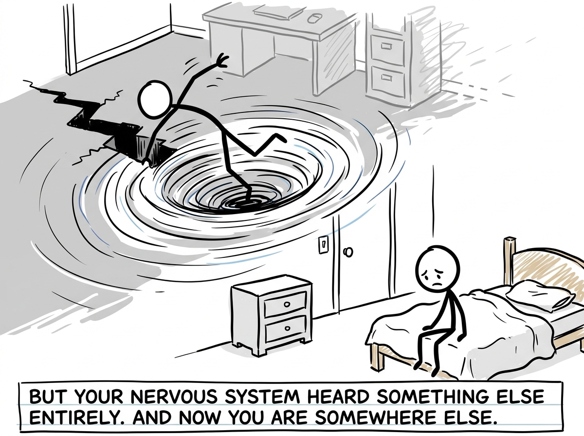 The crack widens and the stick figure is suddenly pulled downward through a swirling vortex in the floor. The office fades away and is replaced by a childhood bedroom. The adult body is gone -- they are now a small child sitting on a bed, feeling the same shame