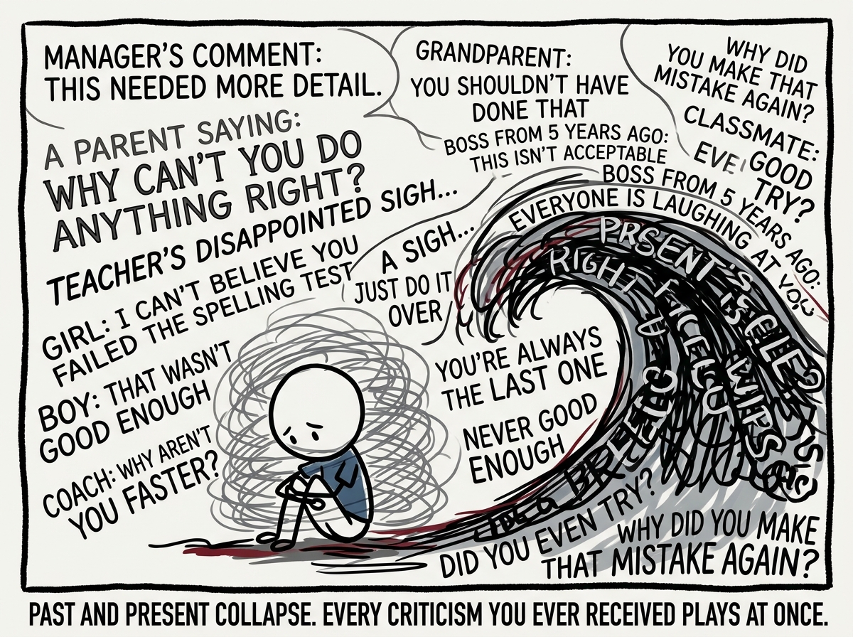 The child version sits hunched and small, surrounded by floating words from different time periods: the manager's comment from today, a parent saying 'Why can't you do anything right?' from twenty years ago, a teacher's disappointed sigh. All the feelings blend together into one overwhelming wave