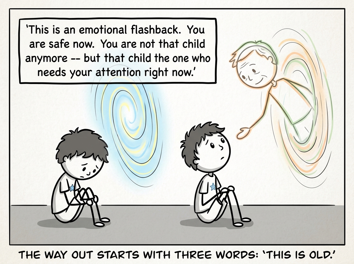 The child slowly looks up and sees a faint outline of their adult self reaching a hand through the vortex. A small text box reads: 'This is an emotional flashback. You are safe now. You are not that child anymore -- but that child is the one who needs your attention right now.'