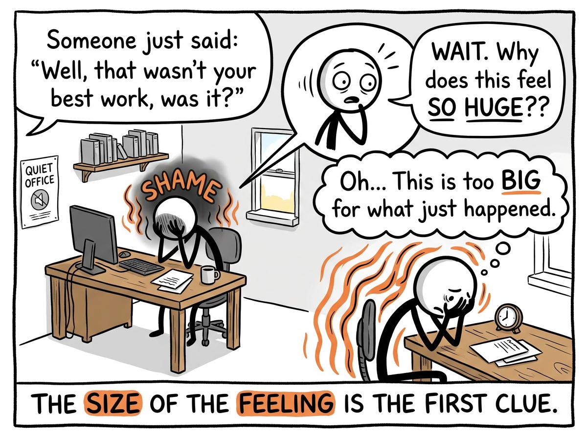 A stick figure at their desk feeling a wave of shame after a comment, pausing to notice the intensity and thinking 'This is too big for what just happened'