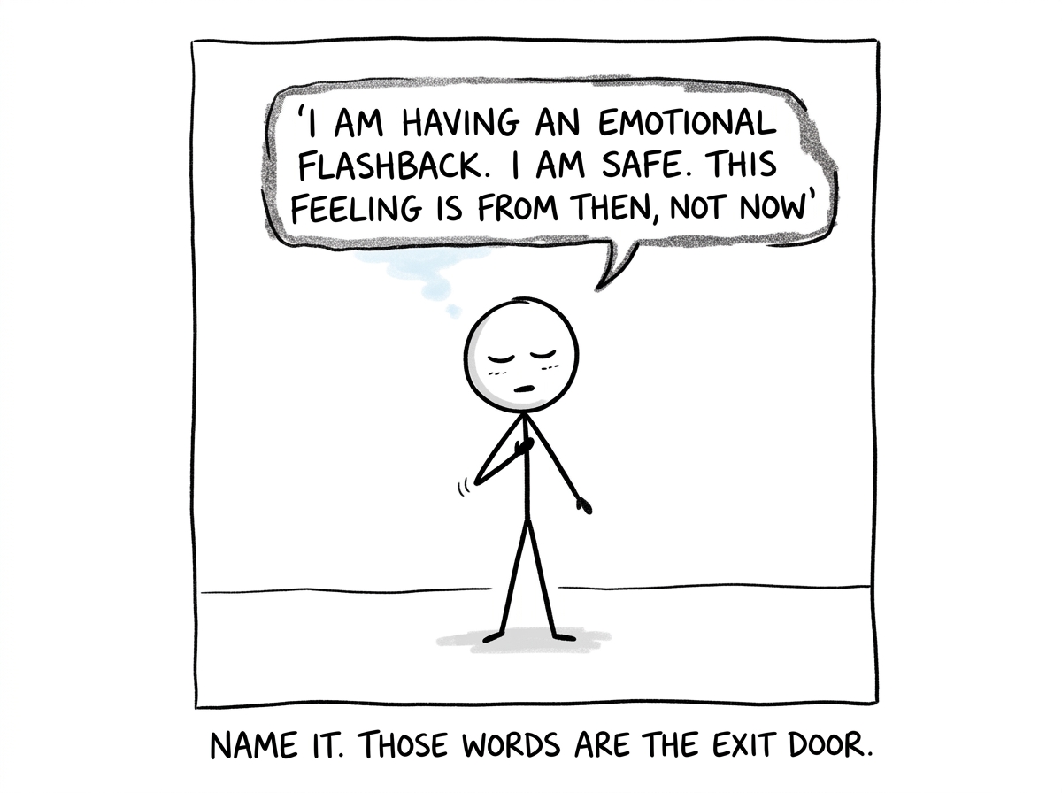 The stick figure closing their eyes and saying 'I am having an emotional flashback. I am safe. This feeling is from then, not now'