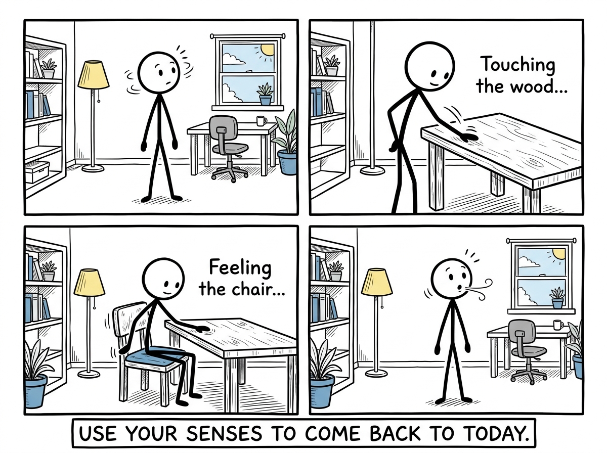 The stick figure looking around the room, touching the desk surface, feeling the chair, bringing their attention back to the present
