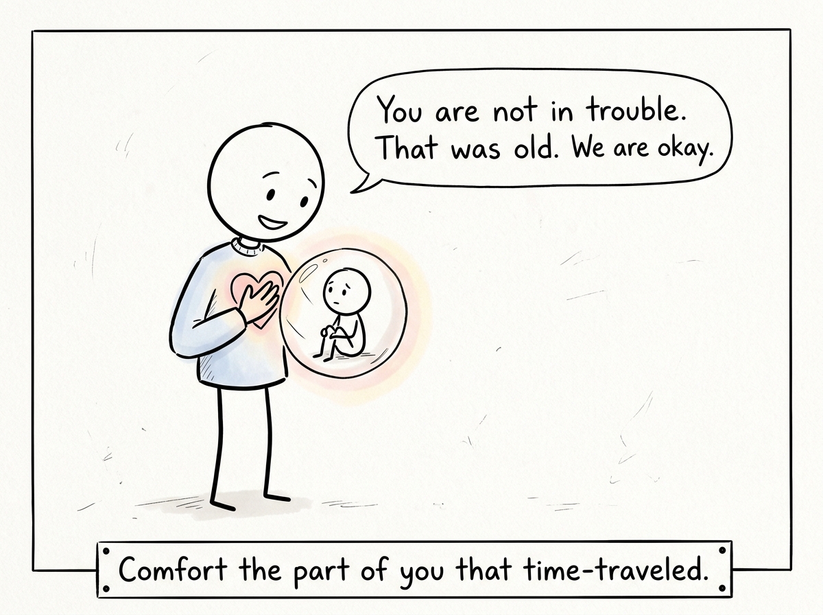 The stick figure placing a hand over their heart, speaking gently to the child inside: 'You are not in trouble. That was old. We are okay'