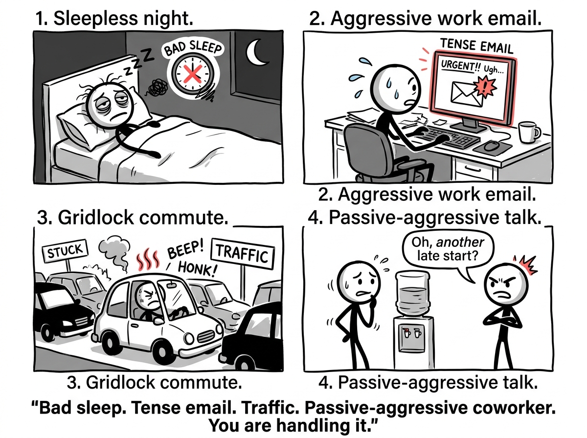 A stick figure going through their day with small stress indicators stacking up: a bad sleep icon, a tense email notification, a traffic jam, a frowning coworker
