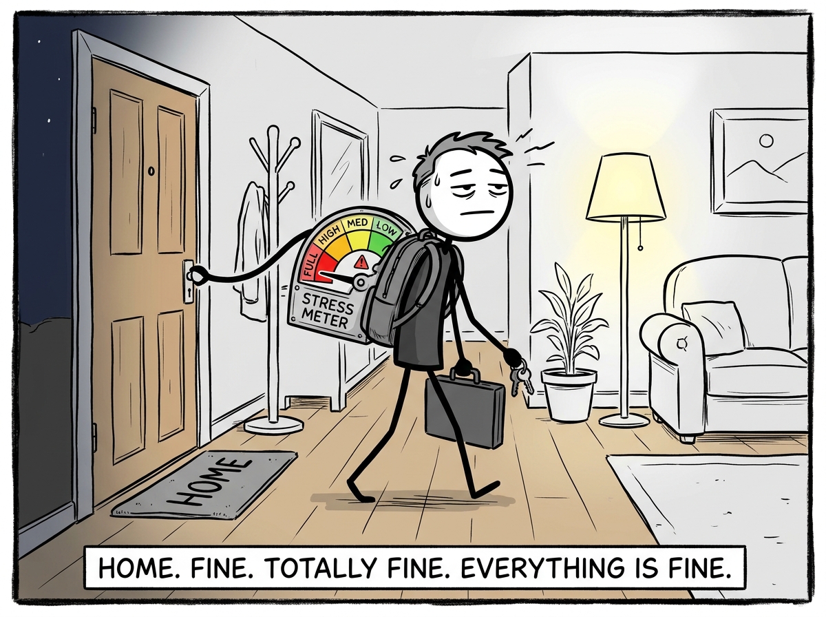 The stick figure arriving home, looking outwardly calm but with a visible stress meter on their back that is nearly full