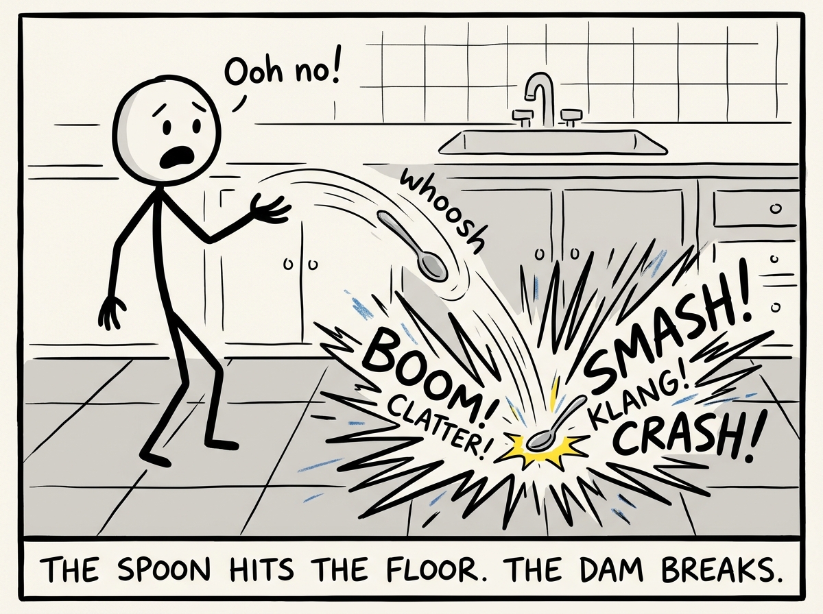 A spoon falling from the stick figure's hand in slow motion toward the kitchen floor with dramatic impact lines