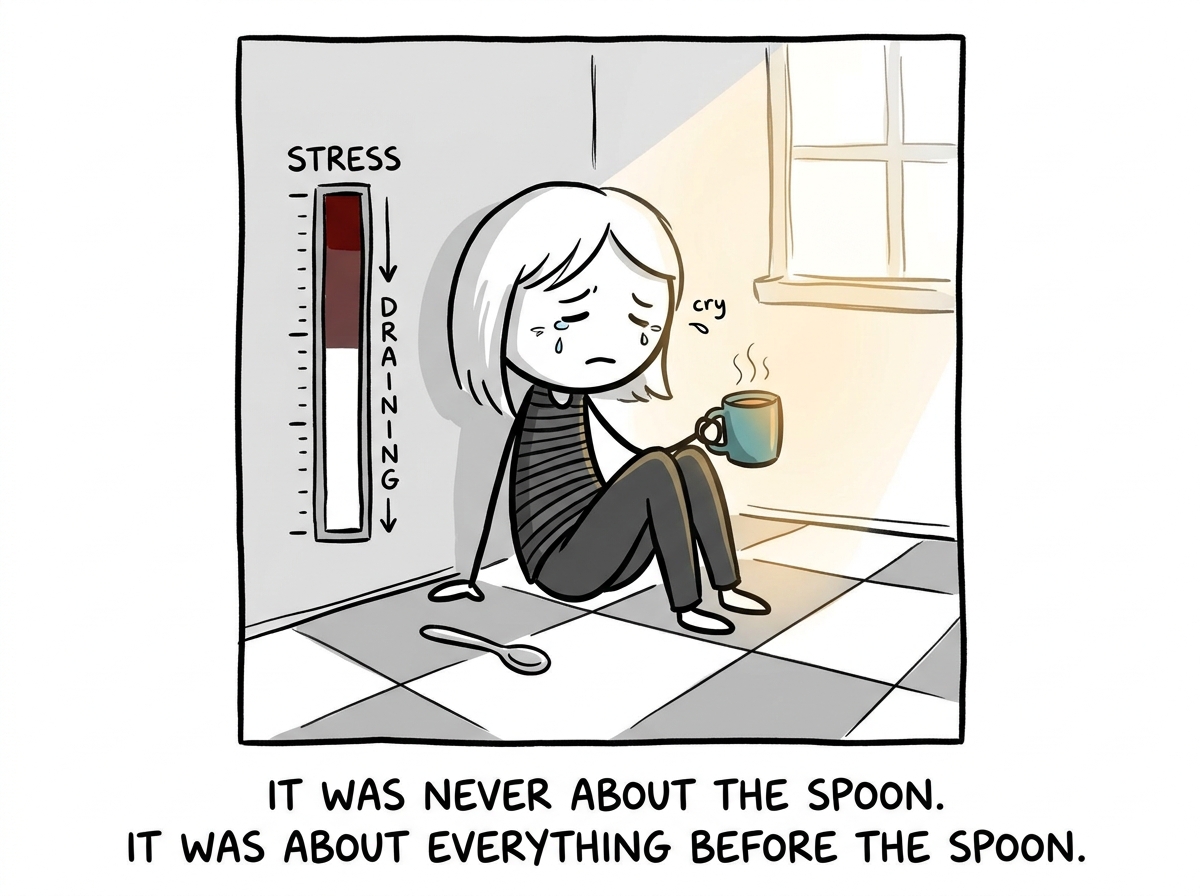 The stick figure sitting on the kitchen floor crying next to the spoon while holding a cup of tea, with the stress meter slowly draining