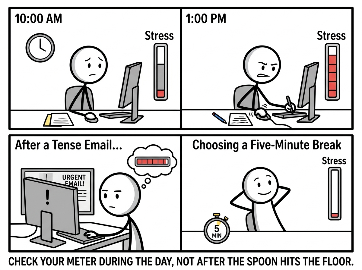 A stick figure noticing their stress meter rising throughout the day and choosing to take a five-minute break after a tense email