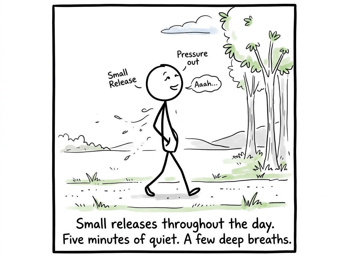 The stick figure taking a short walk between stressful moments, letting out small amounts of pressure before they accumulate