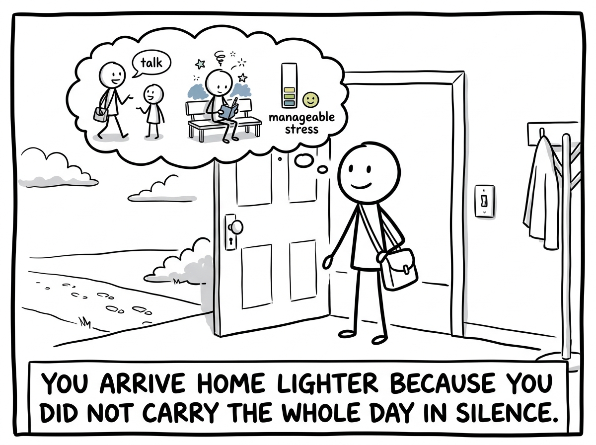 The stick figure arriving home with a manageable stress level instead of a full meter, because they processed along the way
