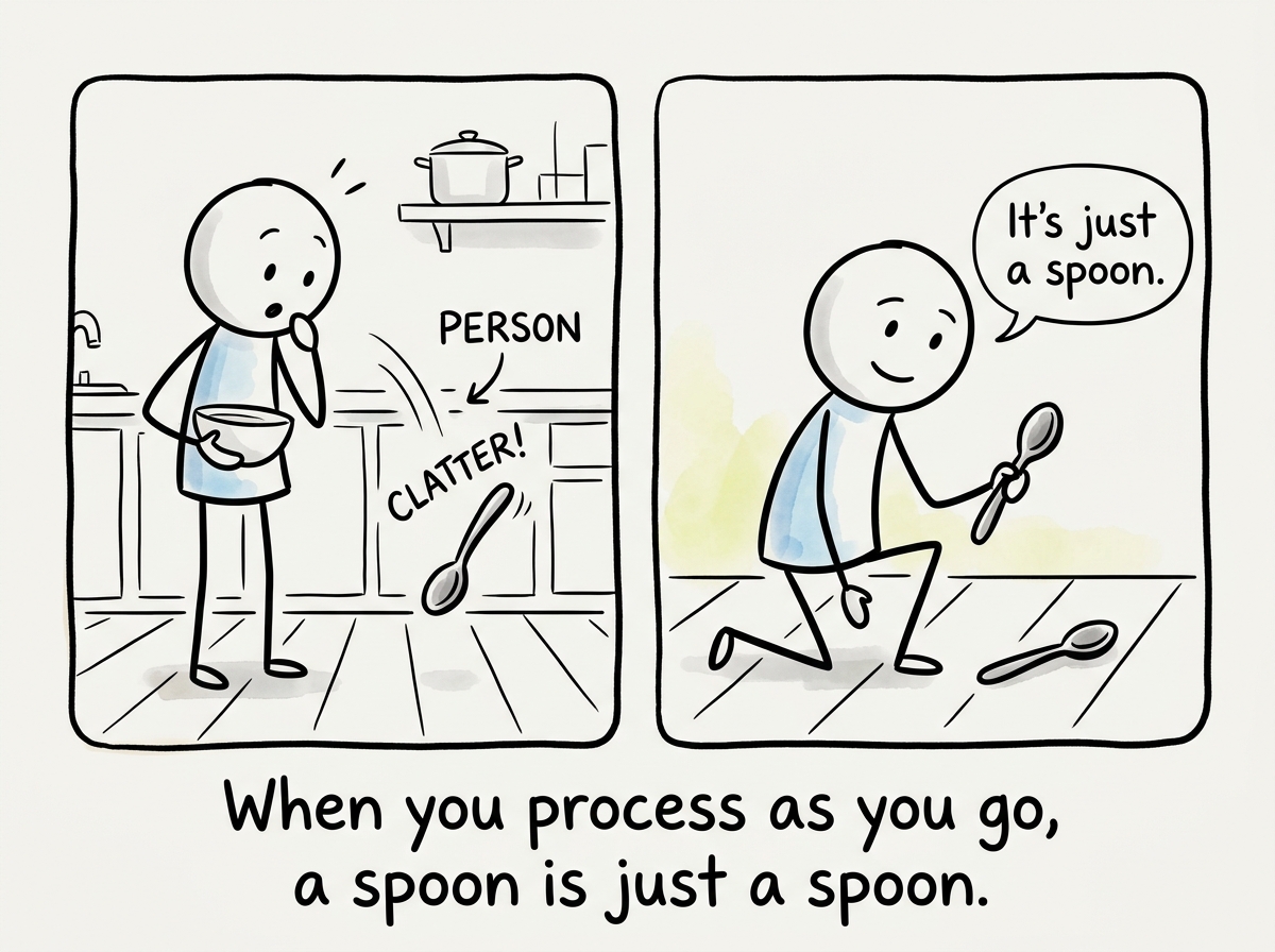A spoon falling on the floor and the stick figure picking it up calmly, because it is just a spoon this time