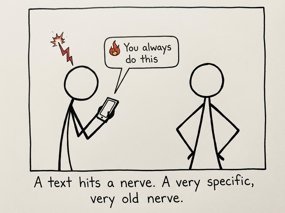 A stick figure looking at their phone with a text bubble from their partner saying 'You always do this' with a small flame icon appearing above the stick figure's head