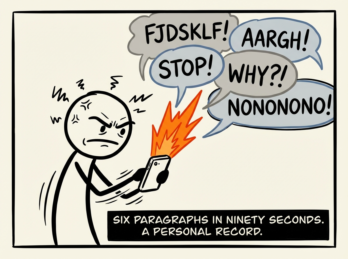 The stick figure rage-typing with both thumbs, fire emanating from the phone, multiple text bubbles stacking up containing capital letters and exclamation marks