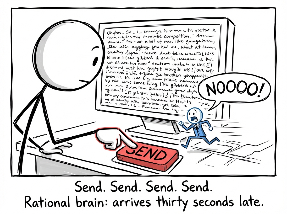The stick figure pressing send on a massive wall of text while a tiny version of their rational brain runs toward the send button screaming 'NOOOOO' but arriving too late