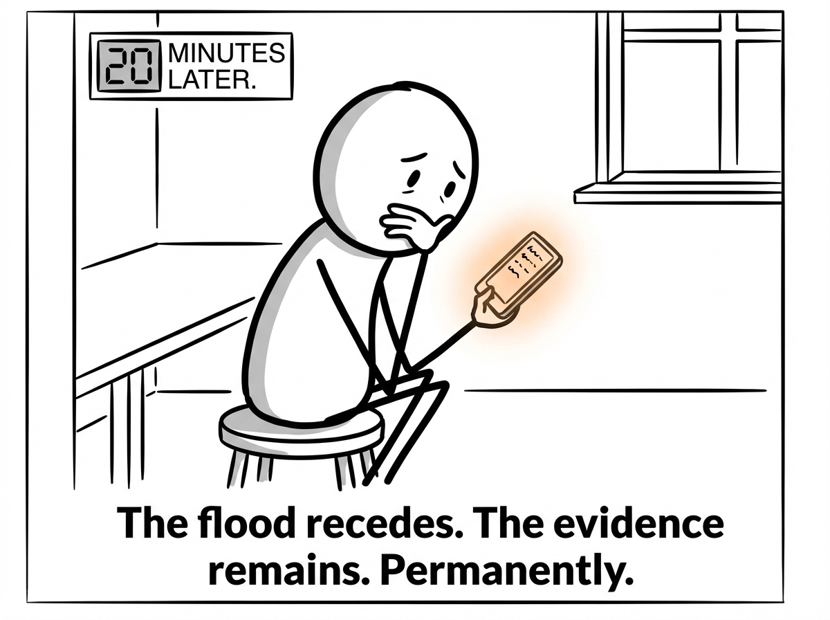 The stick figure twenty minutes later, calm, re-reading the messages with their hand over their mouth in horror while the phone screen glows ominously