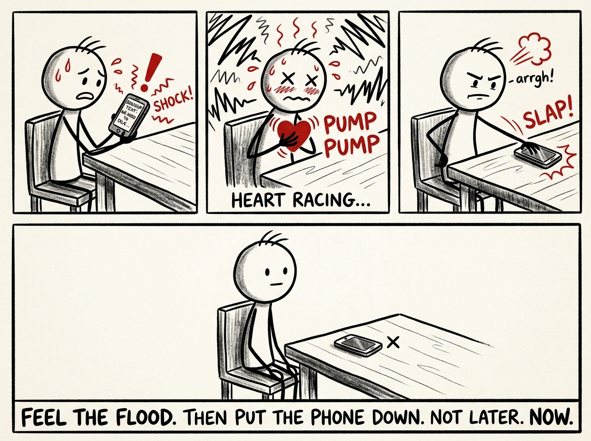 A stick figure reading an upsetting text and feeling the flood arrive -- racing heart, hot face -- then putting the phone face down on the table