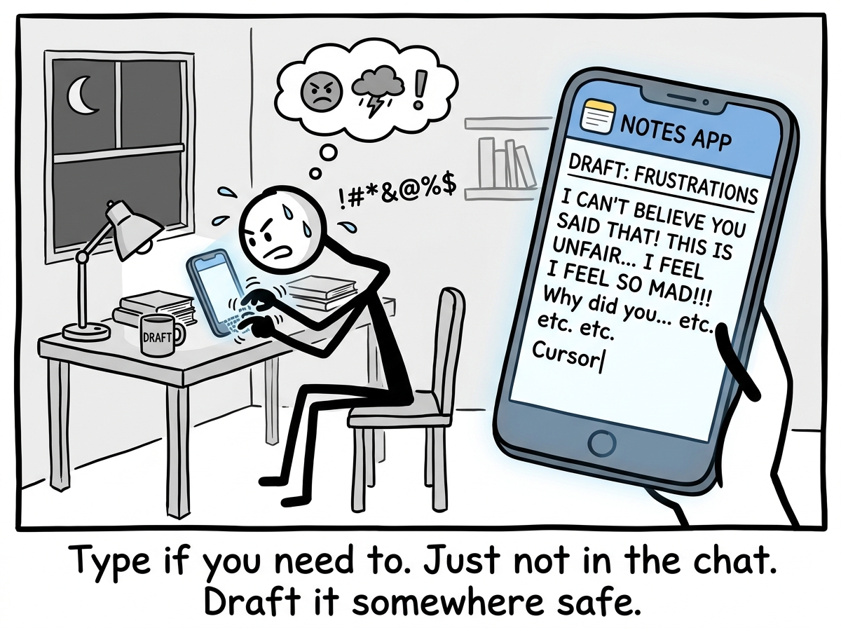 The stick figure typing a draft response in a notes app instead of the text thread, getting the feelings out without sending them