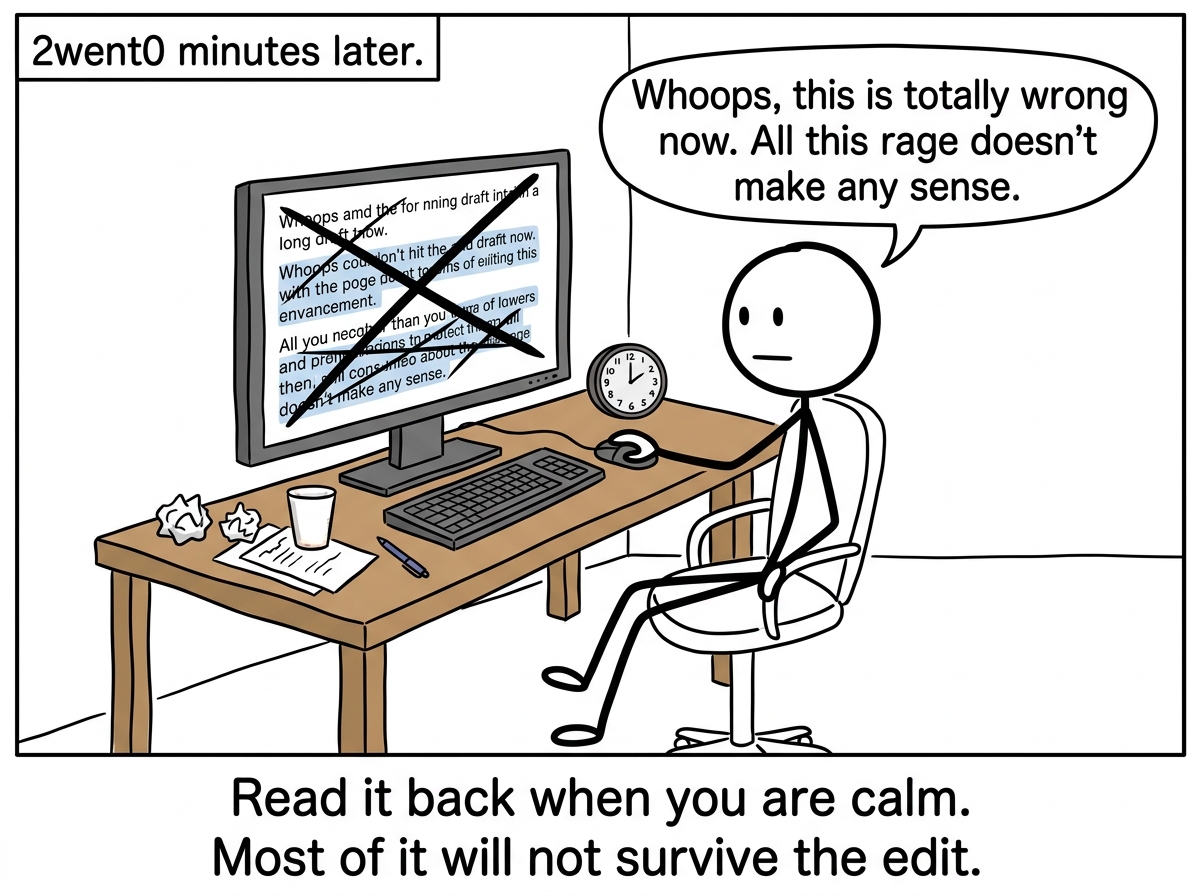 The stick figure twenty minutes later, calm, re-reading the draft and deleting most of it because it no longer represents what they actually mean