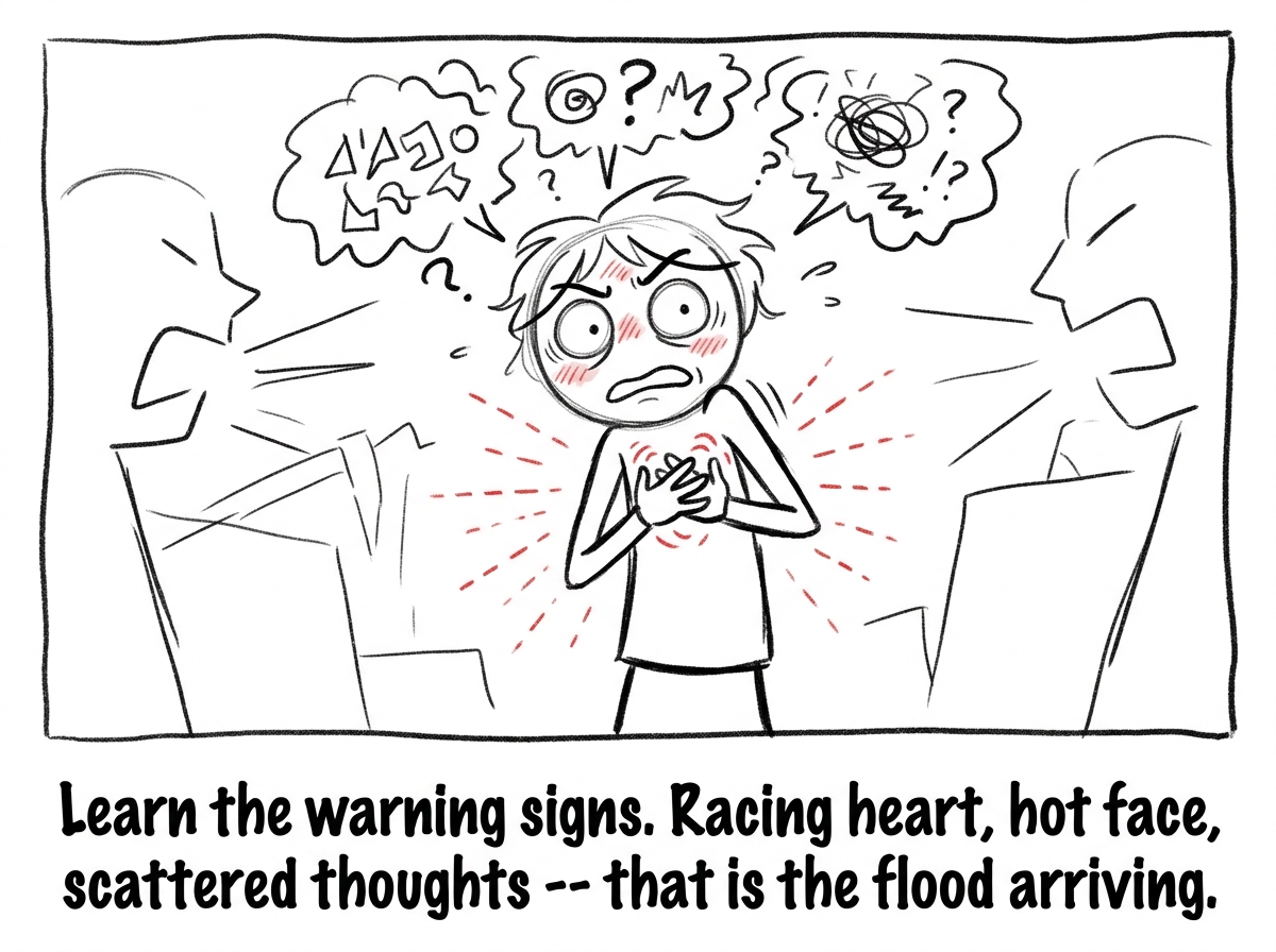 A stick figure in a heated moment noticing their heart racing, face flushing, and thoughts scattering -- recognizing the early signs of flooding