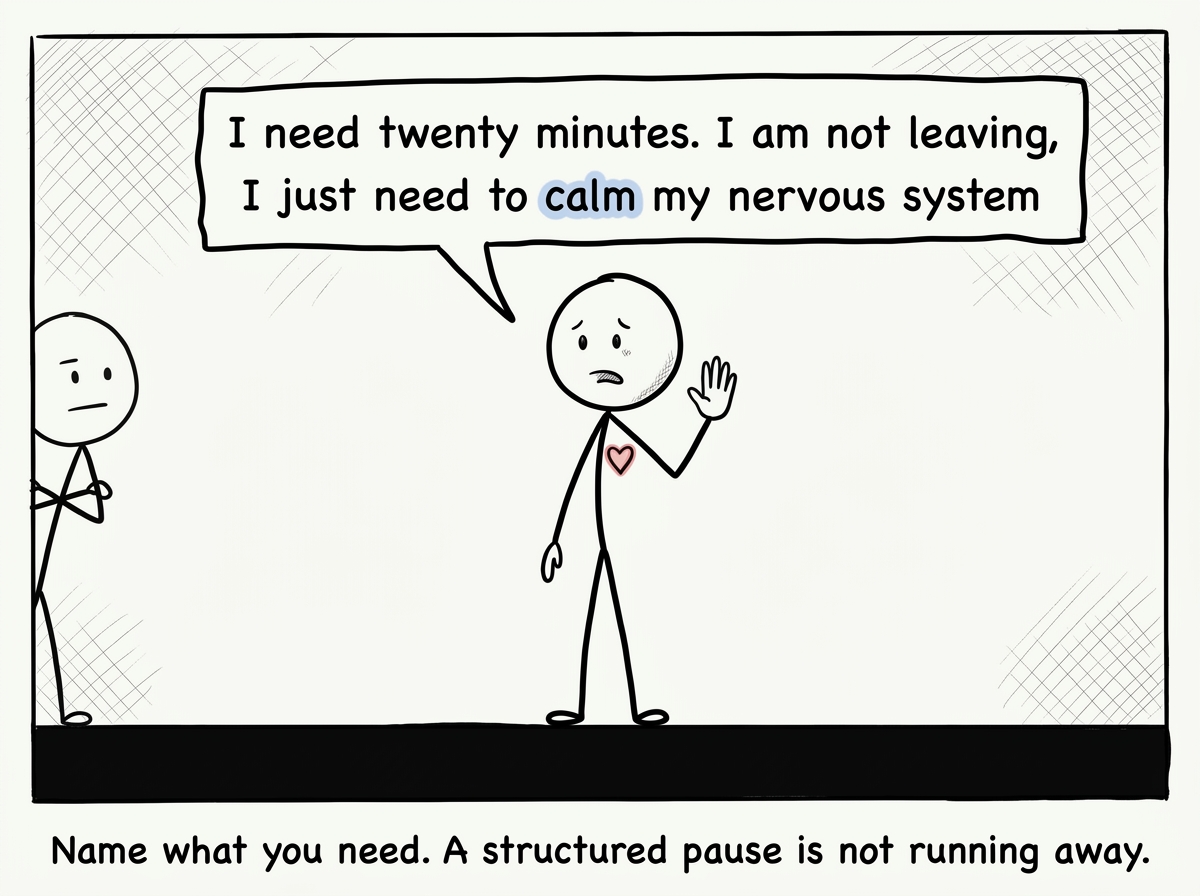 The stick figure raising a hand and saying 'I need twenty minutes. I am not leaving, I just need to calm my nervous system'