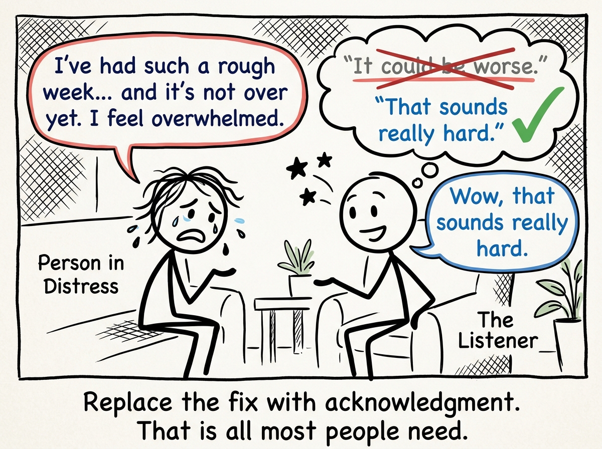 The listener choosing to say 'That sounds really hard' instead of 'It could be worse,' with a warm and present expression
