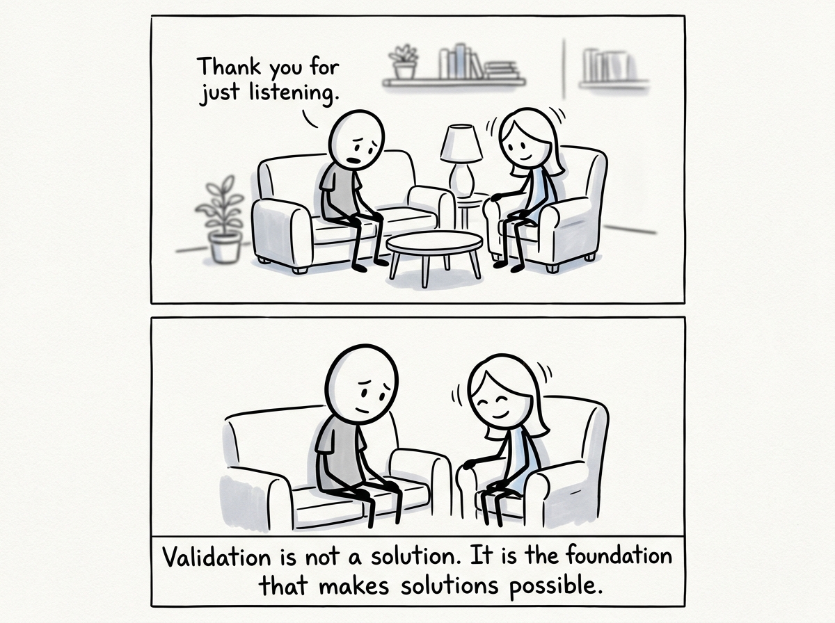 Both figures talking openly, one saying 'Thank you for just listening' while the other nods, no advice given