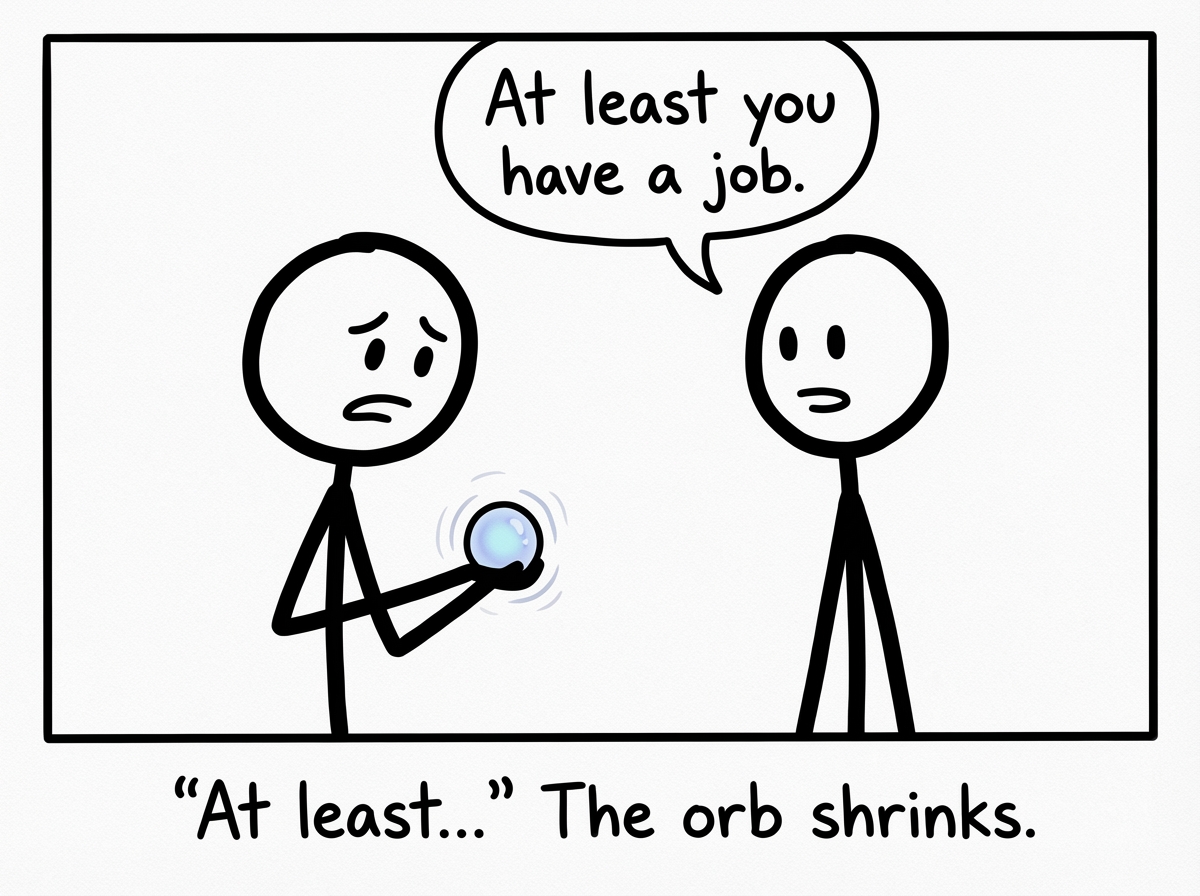 The other stick figure saying 'At least you have a job' and the glowing orb visibly shrinking in the first figure's hands