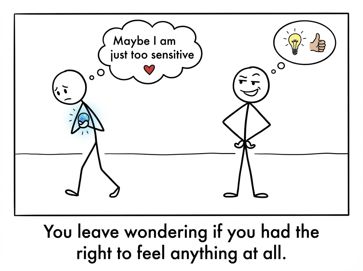 The first stick figure walking away, holding the tiny marble-sized feeling close to their chest with a thought bubble reading 'Maybe I am just too sensitive' while the other figure looks satisfied, thinking they helped