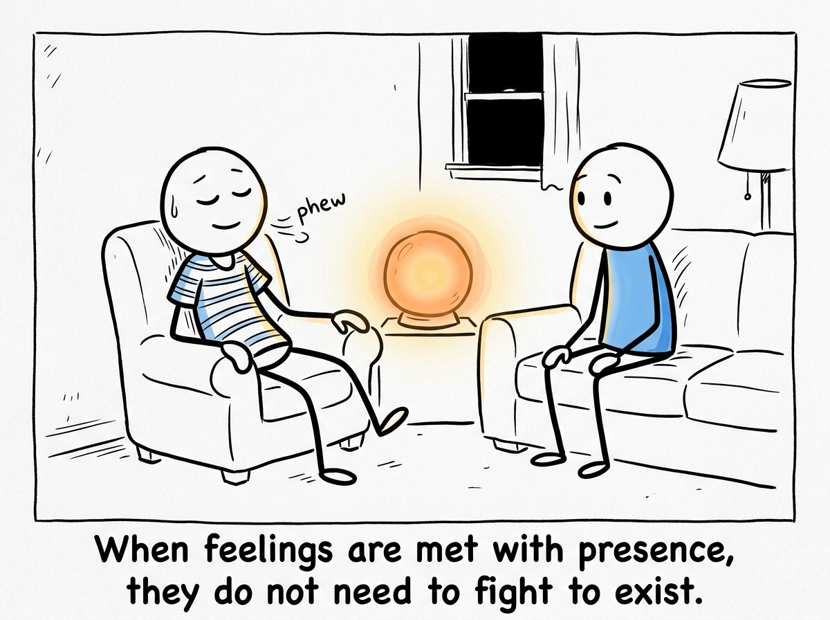 The speaker visibly relaxing, the orb glowing warm and steady, as they feel genuinely heard for the first time