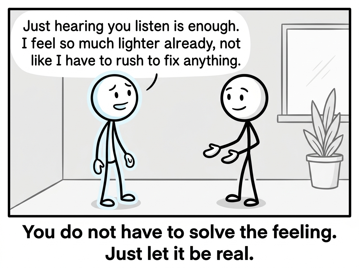 Both figures in conversation, the listener not fixing anything, just being there, and the speaker looking lighter