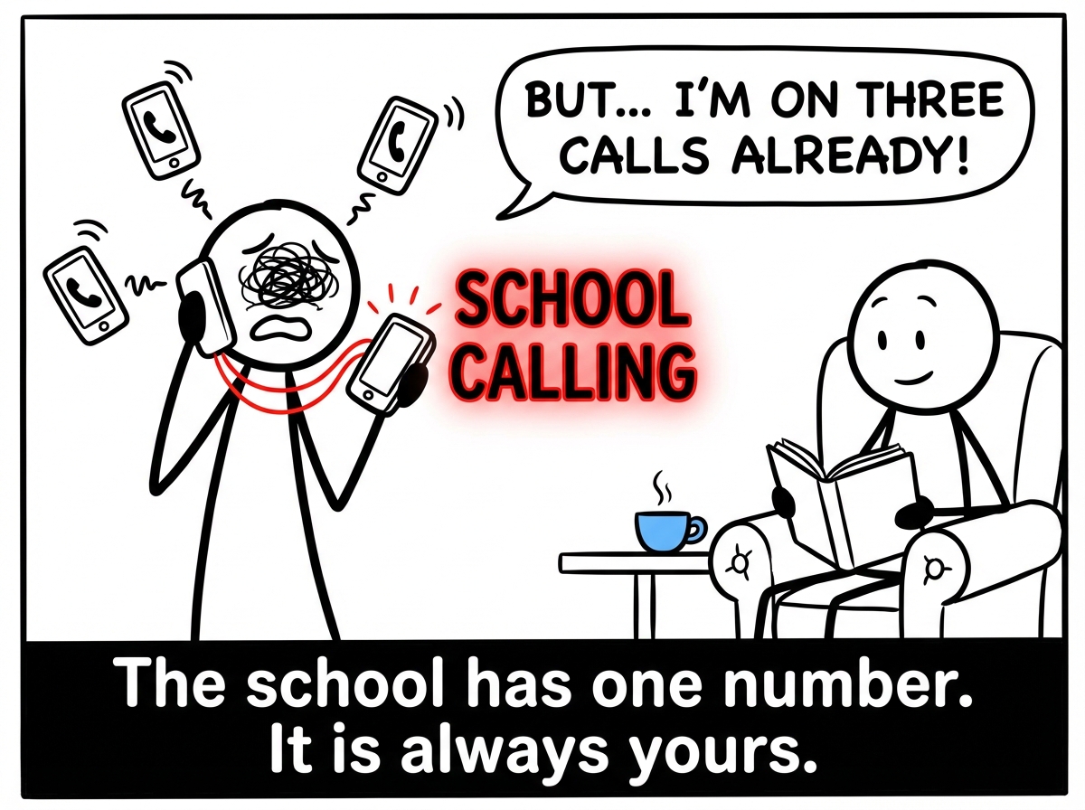 A phone ringing with 'School calling' on the screen, going directly to one parent who is already on three other calls, while the other parent sits nearby unbothered