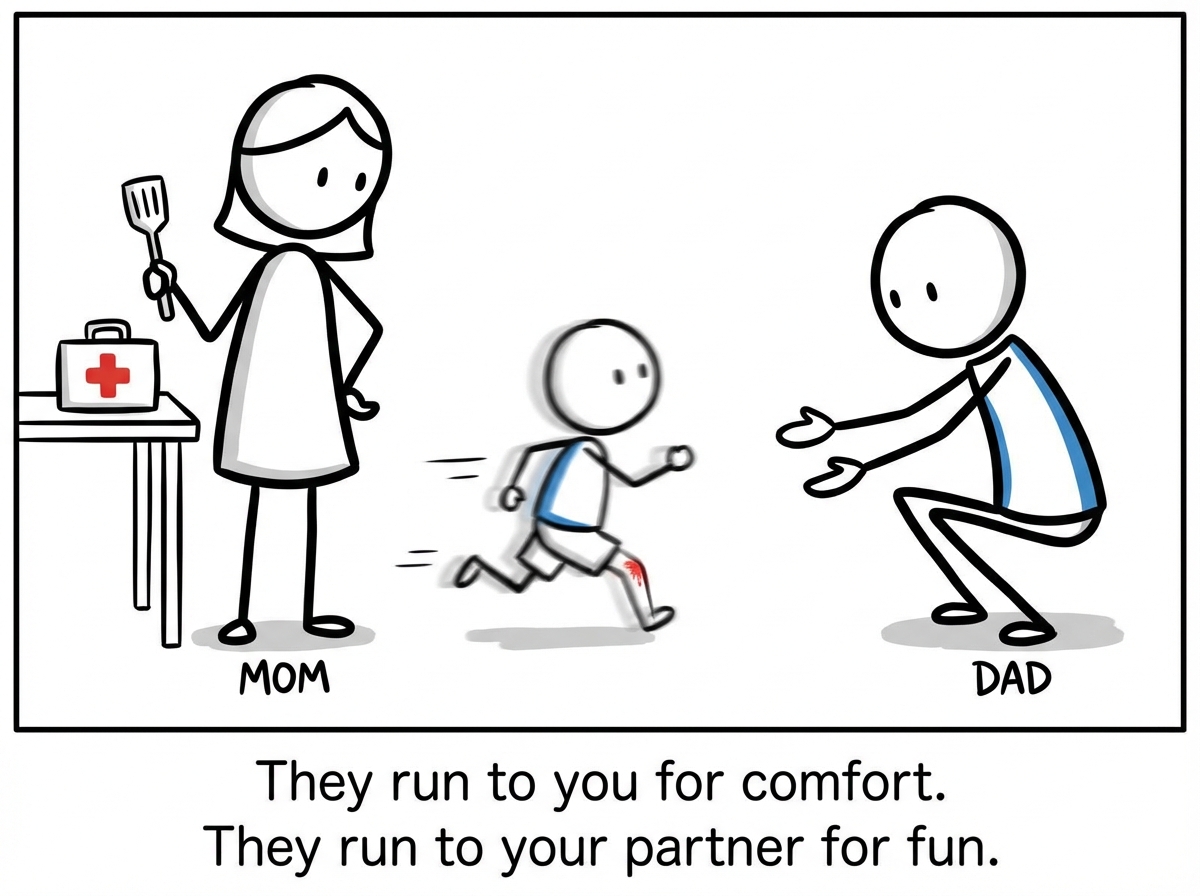 A child running past one parent to reach the other with a scraped knee, while the bypassed parent puts down a spatula and medical kit they already had ready