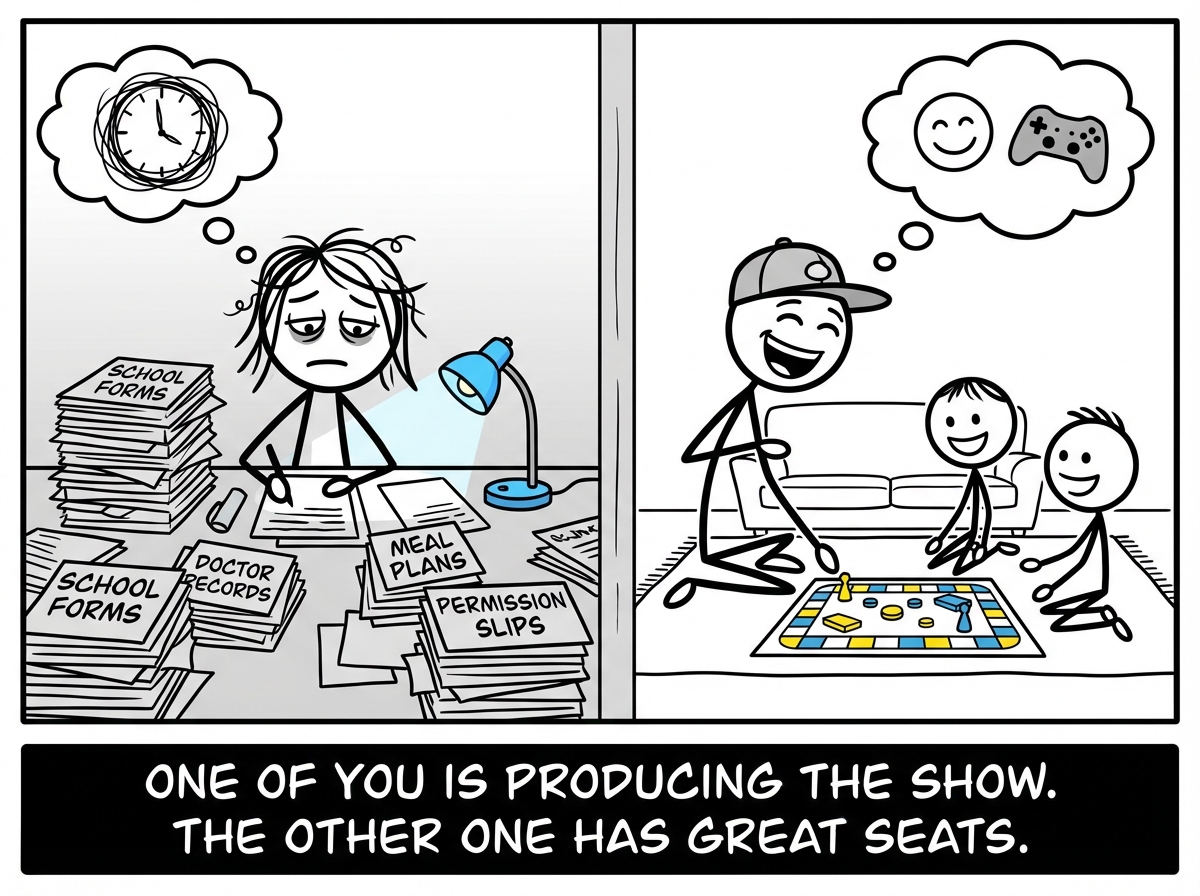 The default parent at a desk surrounded by school forms, doctor records, meal plans, and permission slips, while the other parent plays a board game with the kids in the next room