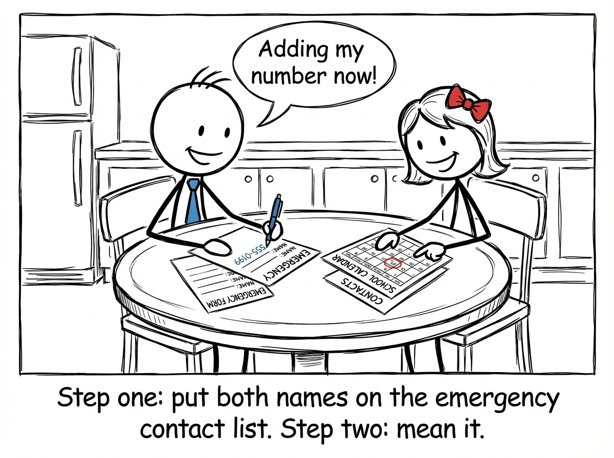 Both parents sitting at the kitchen table together going through the school calendar and contact lists, with the non-default parent adding their own phone number to a form