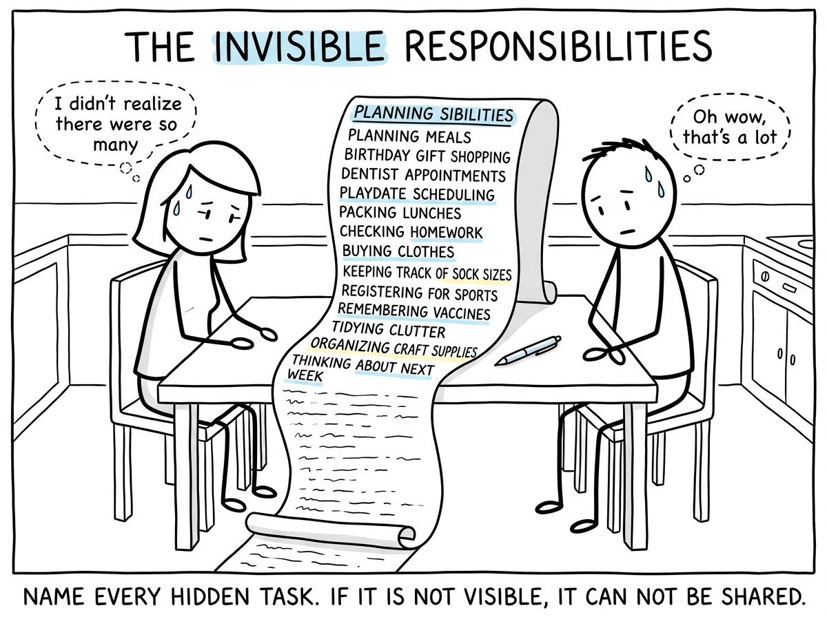Both parents sitting down with the full list of invisible responsibilities written out between them, making the invisible visible