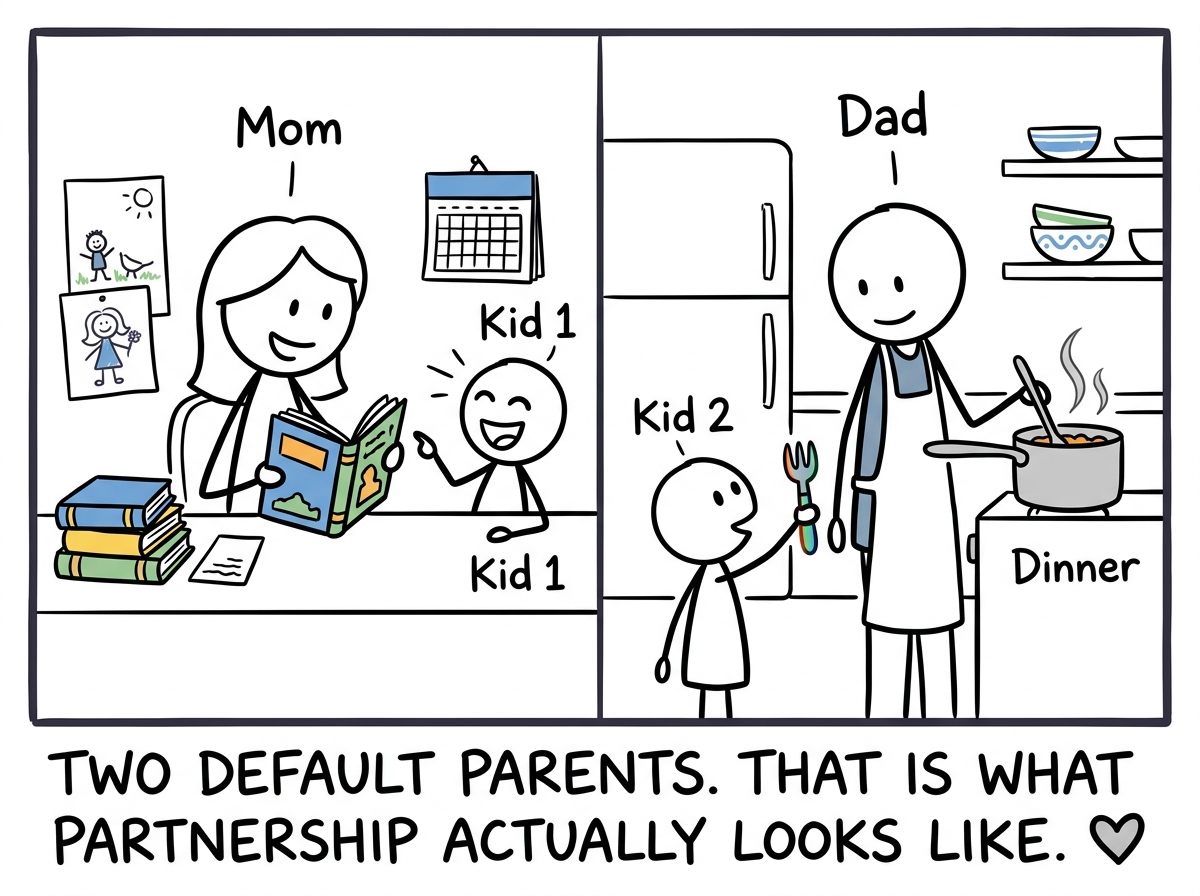 Both parents each handling separate categories of family life, neither overwhelmed, kids going to either one equally