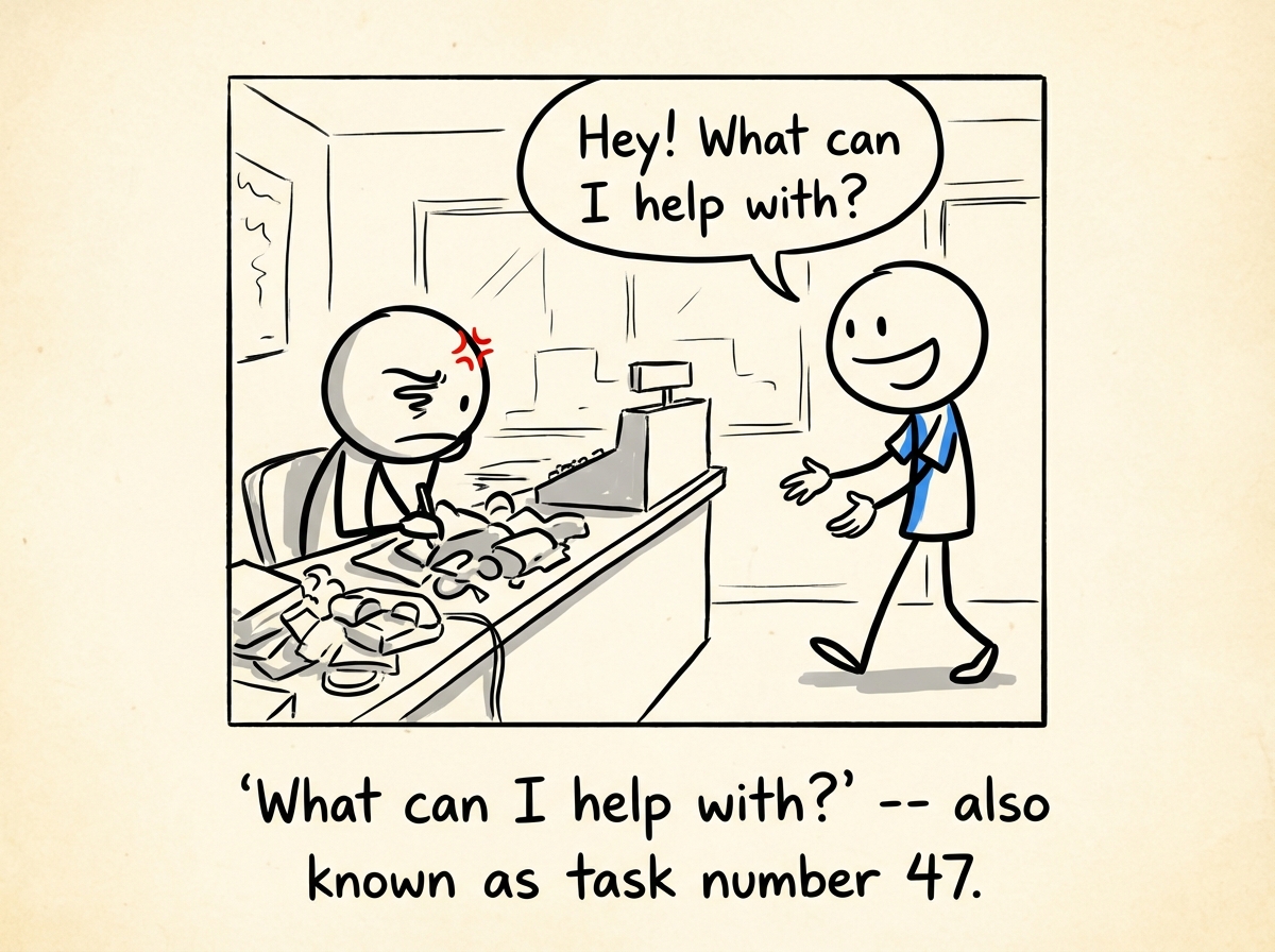 Their partner walking in cheerfully with empty hands and a speech bubble saying 'Hey! What can I help with?' while the first figure's eye twitches